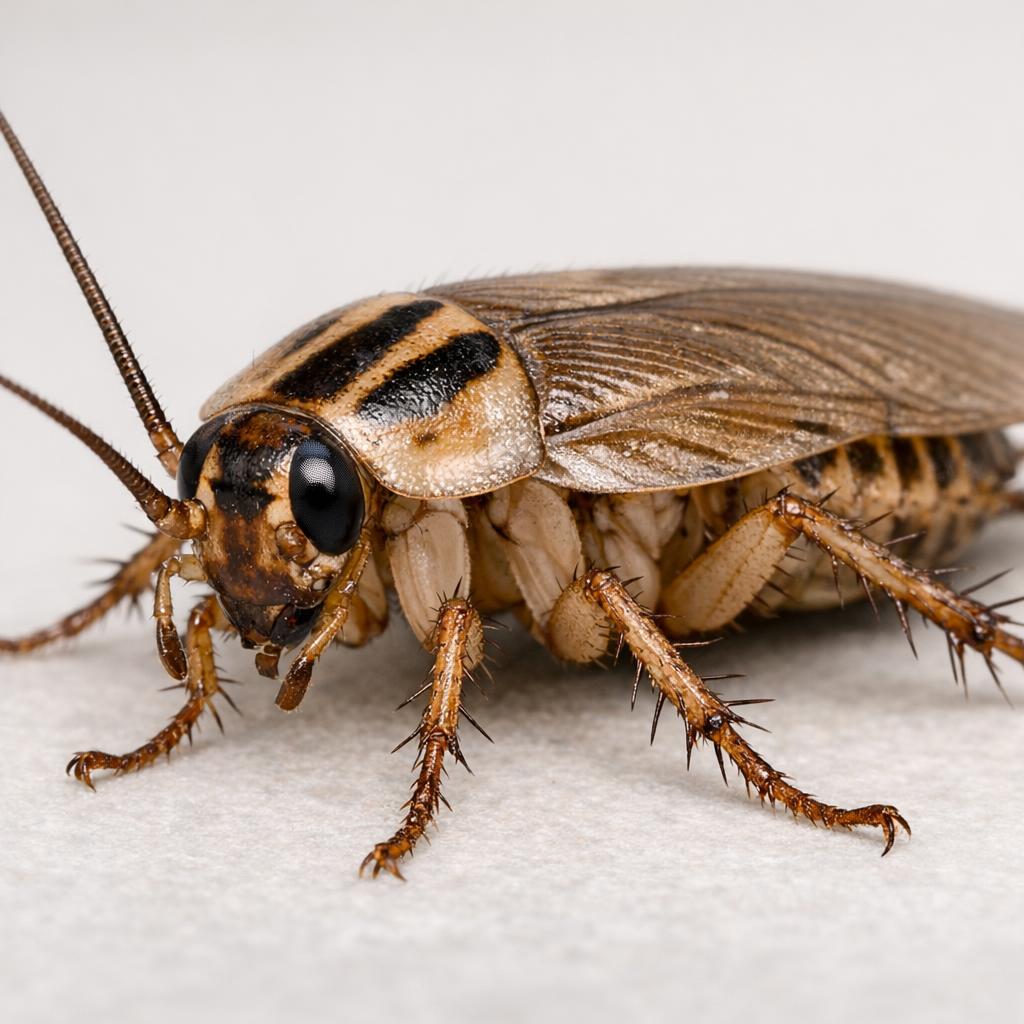 Blatte germanique (Blattella germanica) : identification avec les deux bandes sombres caractéristiques sur le pronotum