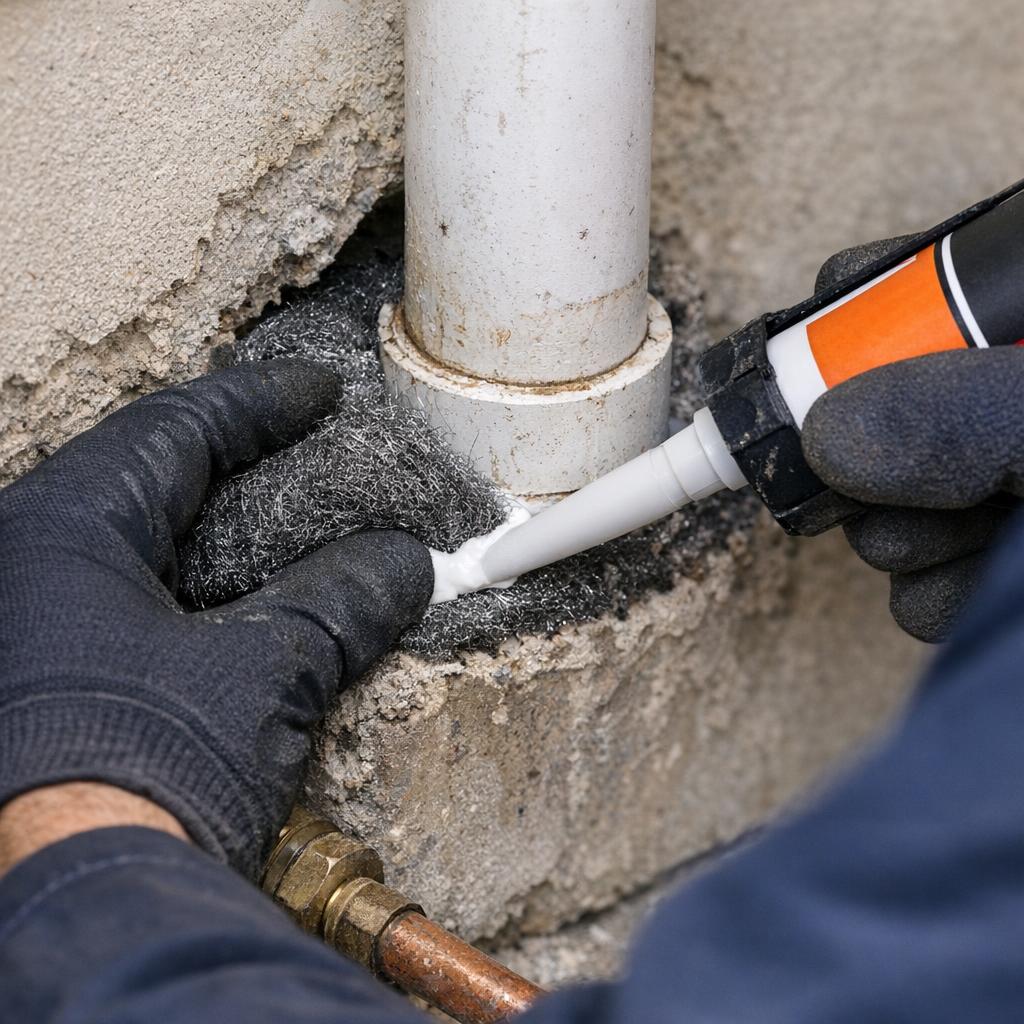 Colmatage d'un point d'entrée de rongeurs avec de la laine d'acier et du ciment