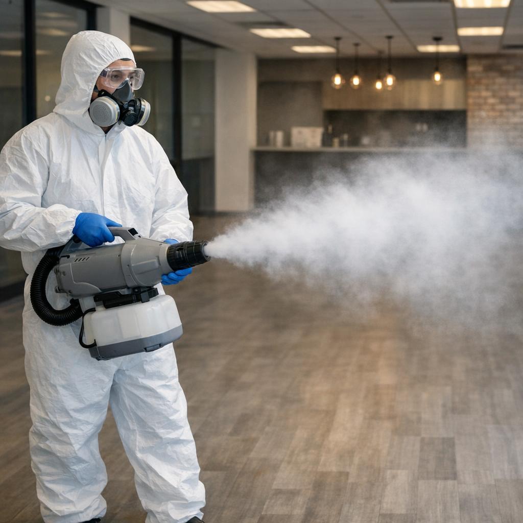 Technicien réalisant une désinfection professionnelle de locaux à Toulouse