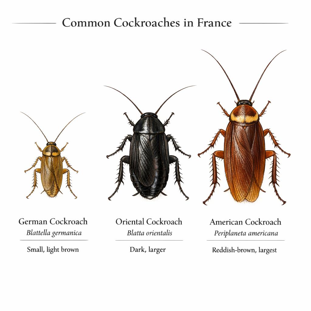 Les trois principales espèces de cafards présentes en France : blatte germanique, blatte orientale et blatte américaine