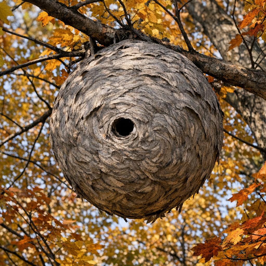 Nid de frelon asiatique dans un arbre - structure en forme de poire avec entrée latérale