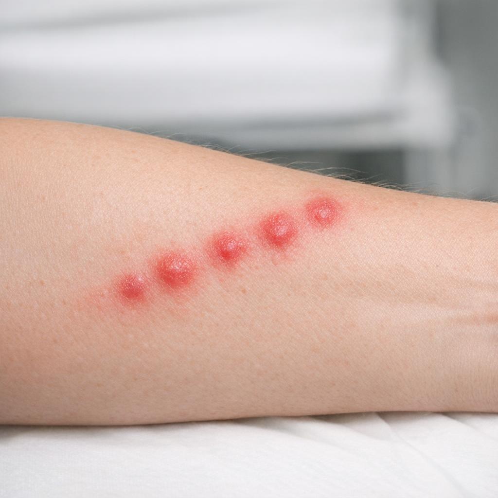 Piqûres de punaise de lit sur la peau : boutons rouges alignés caractéristiques
