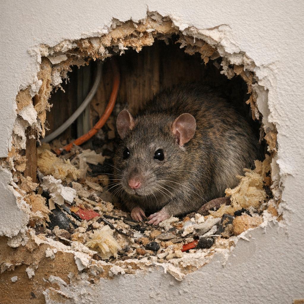 Rat brun se faufilant dans une cavité de mur de maison